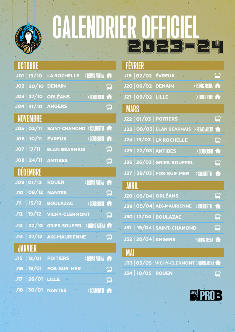 Calendrier Officiel 2023-2024 | Champagne Basket